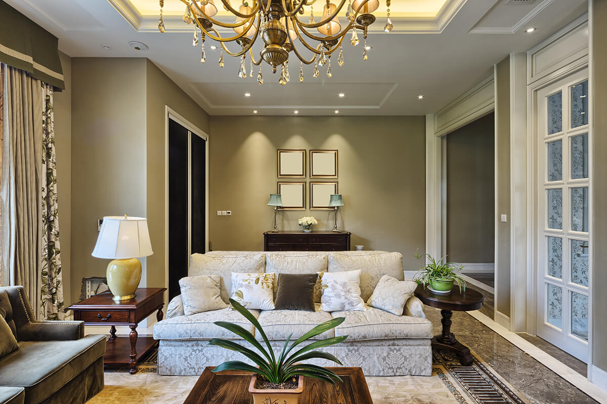 living room with the lights on
