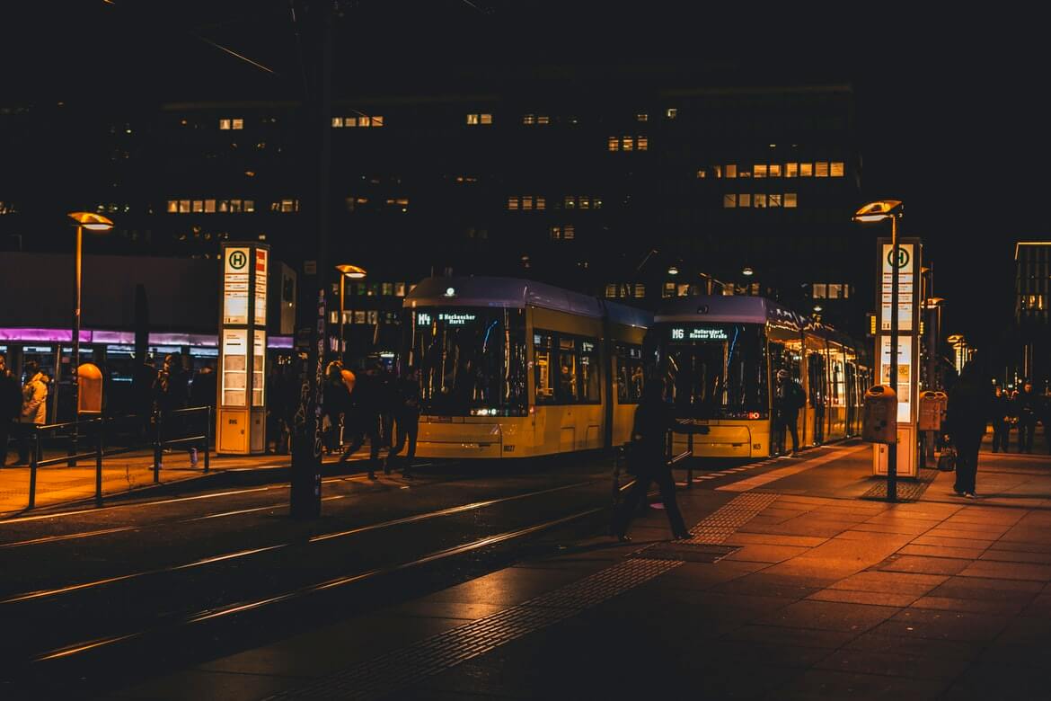 Buses on a station at night