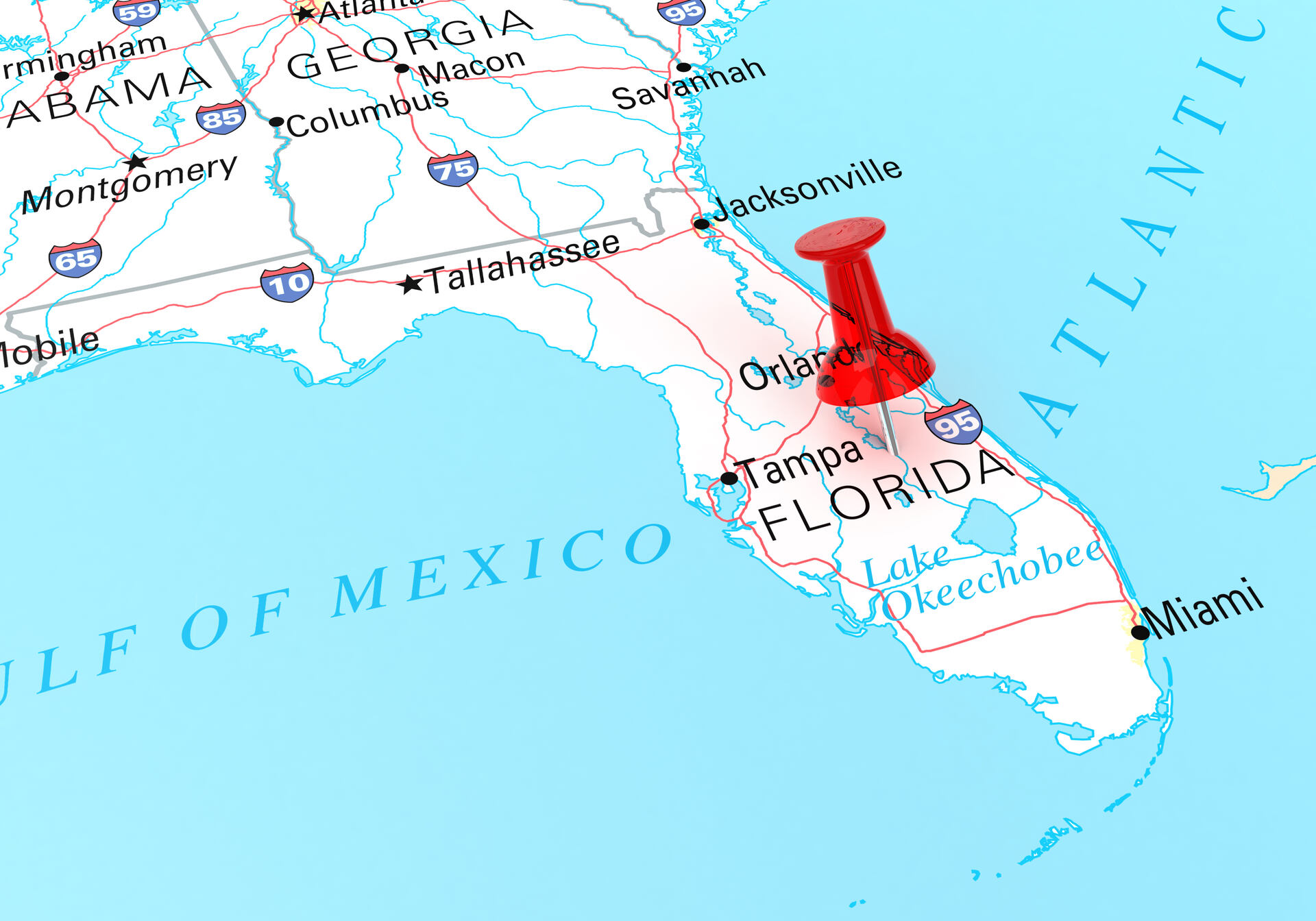 Map with a red pin in Florida
