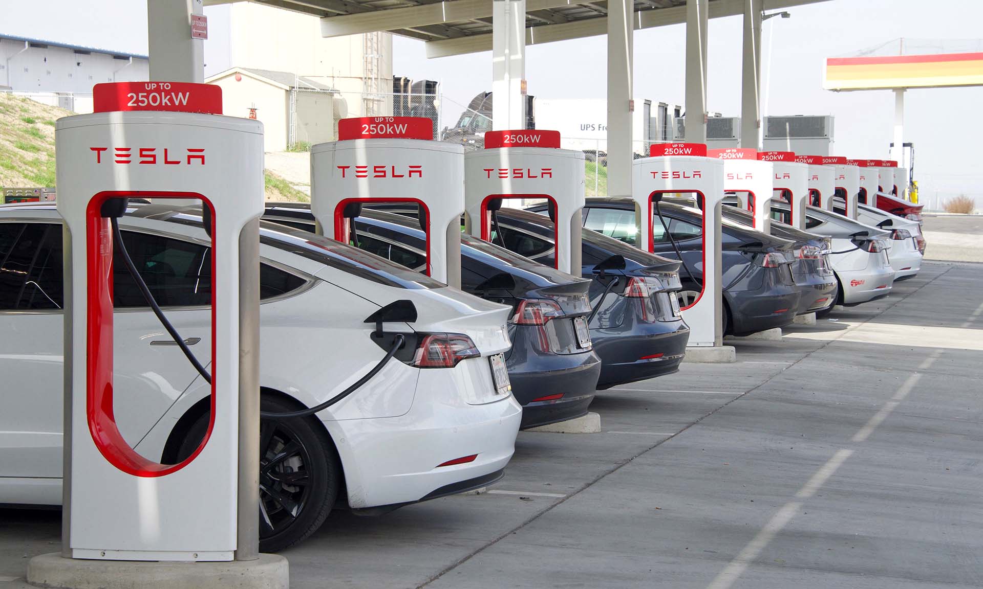 Many cars charging at a Tesla Supercharger station. Supercharger stations allow Tesla cars to be fast-charged at the network within a hour.