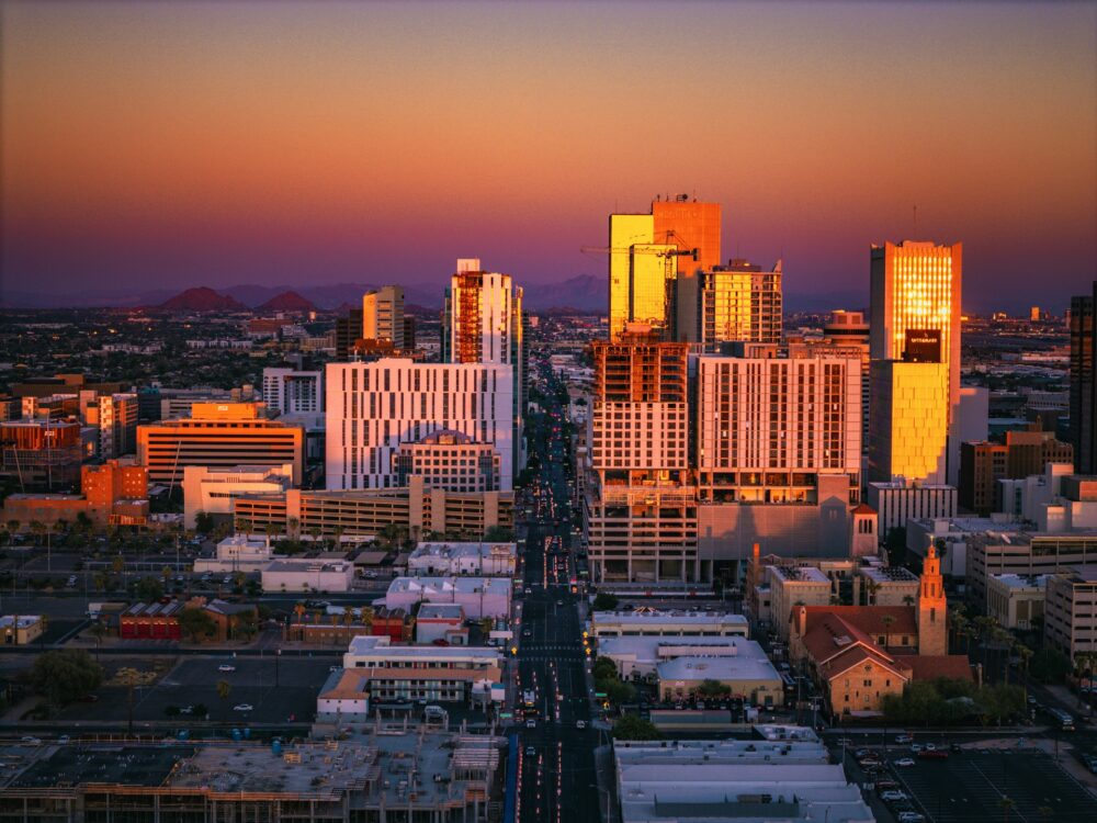 Aerial view of downtown Phoenix skyline.