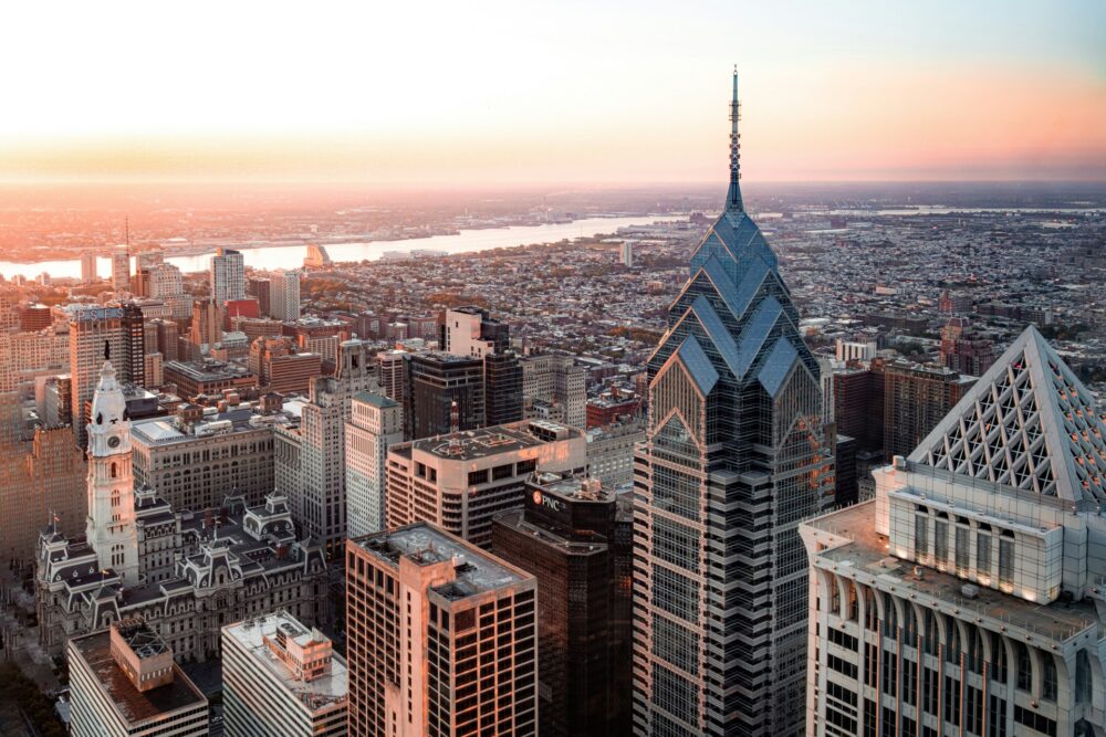 Aerial view of Philadelphia skyline at sunrise.